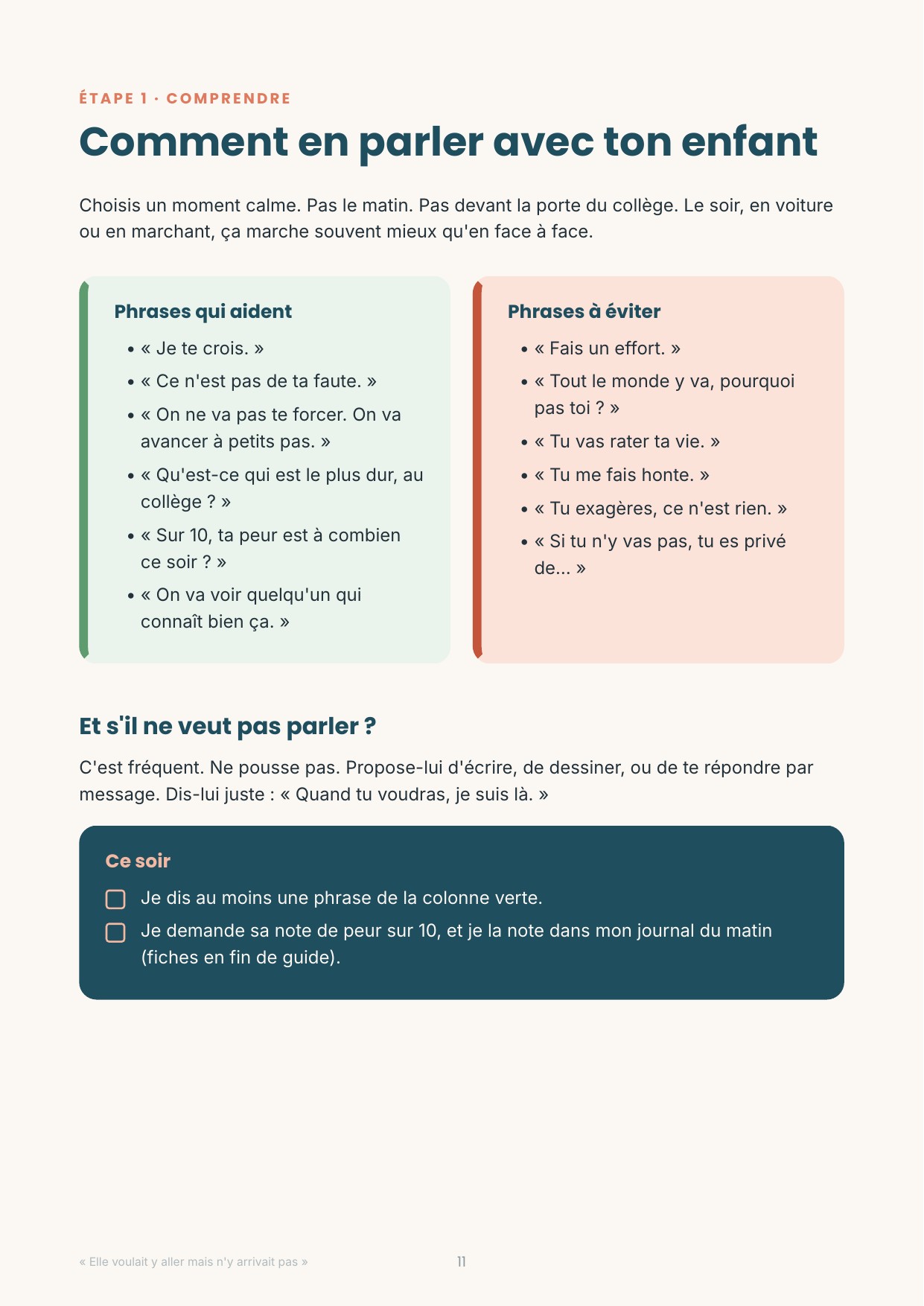 Page du guide : comment parler à son enfant en phobie scolaire