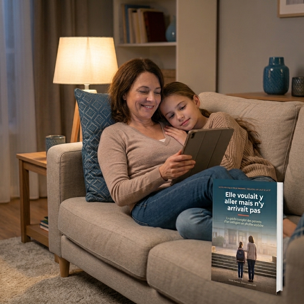 Une maman et sa fille lisent ensemble sur une tablette dans le canapé
