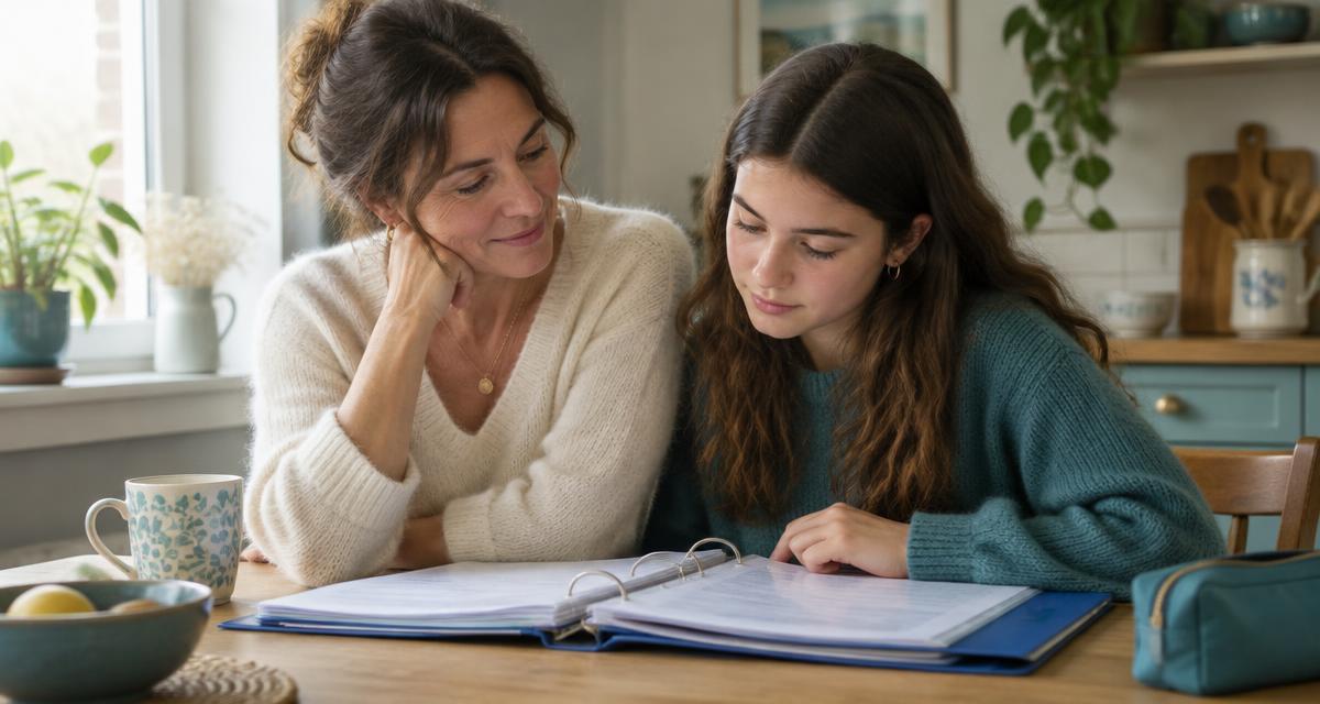 Une mère et sa fille collégienne assises côte à côte, un classeur ouvert sur la table