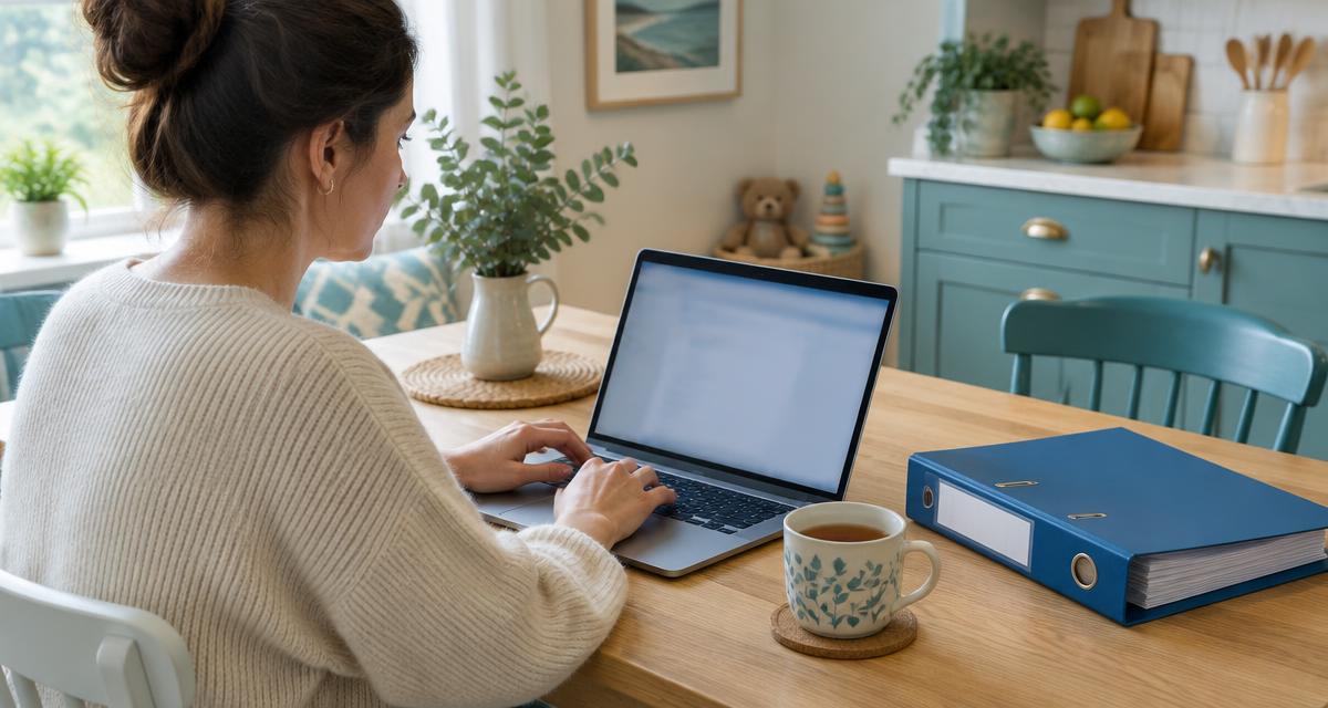 Un parent en télétravail à la table de la cuisine, un classeur bleu à côté de l'ordinateur