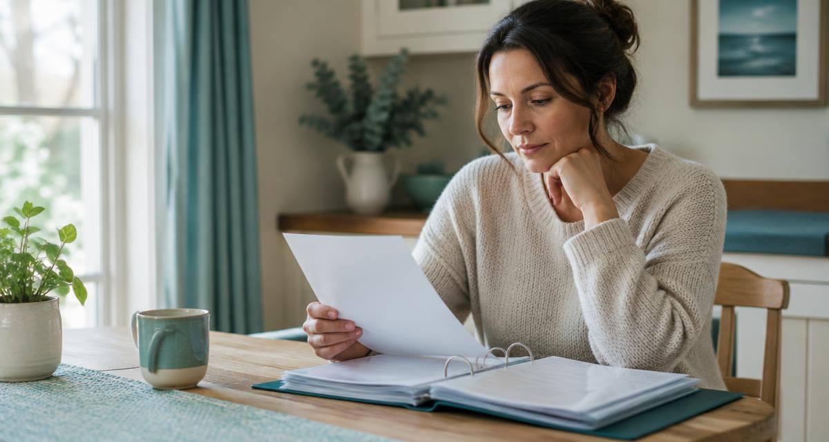 Une mère lit un courrier à la table de la cuisine, un classeur ouvert à côté d'elle