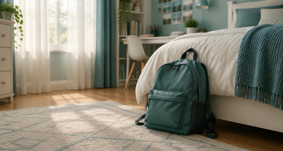 Un cartable posé au pied d'un lit dans une chambre d'adolescent, lumière du matin