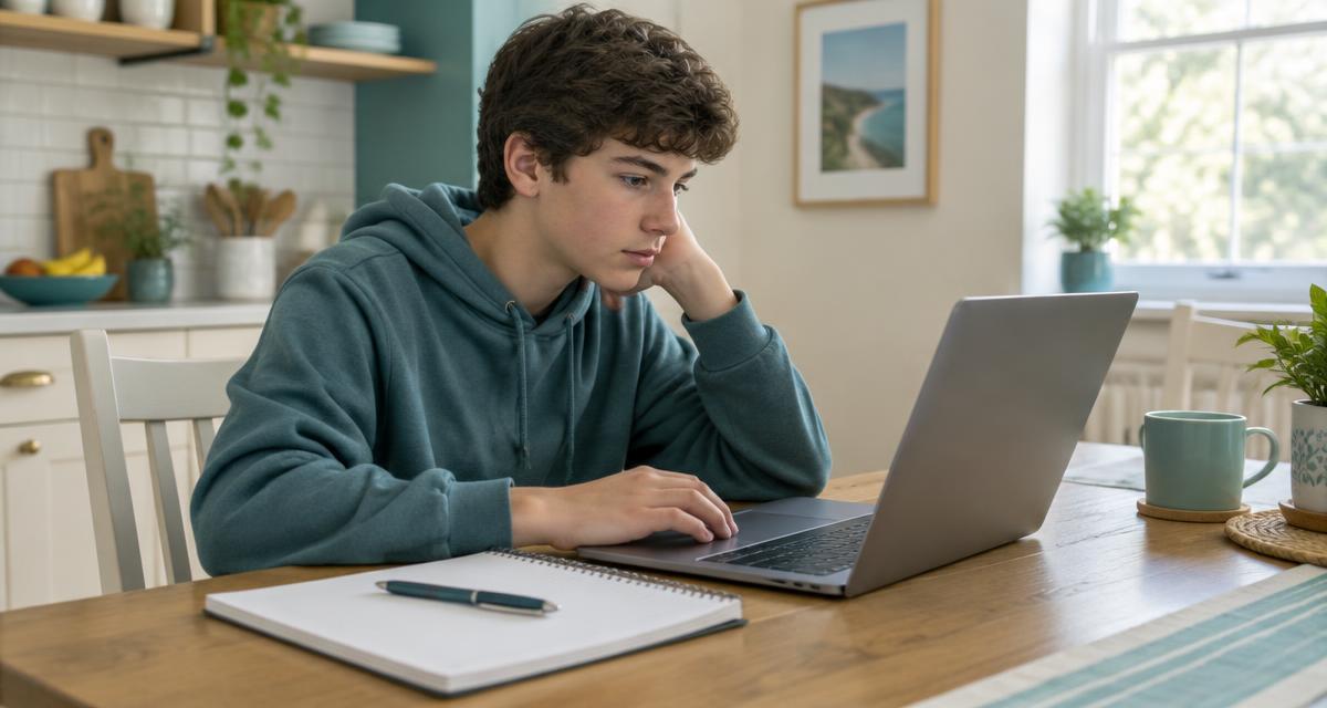 Un collégien travaille sur un ordinateur portable à la table de la cuisine