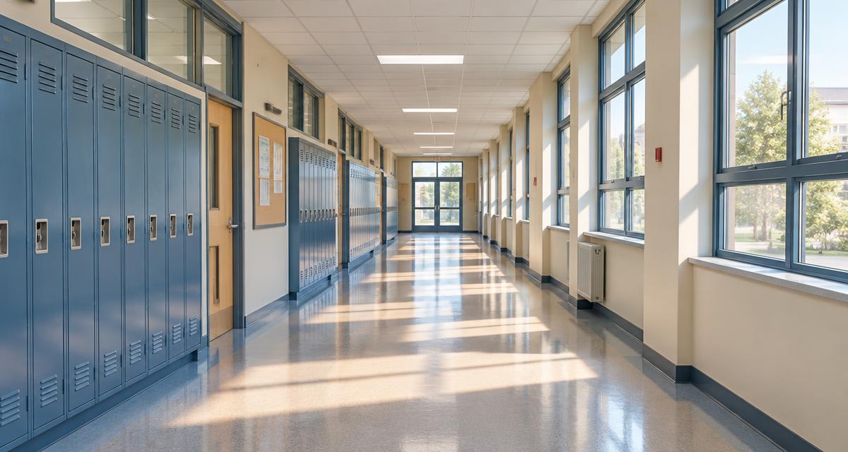 Un couloir de collège calme et lumineux, en dehors des heures de cours